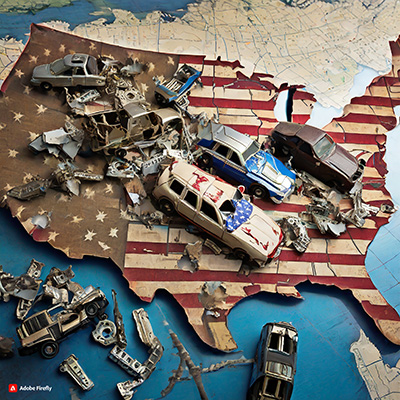 a wooden map of the United States colored with the star-spangled banner and covered with smashed model cars