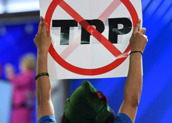 A protestor with a Robin Hood hat holds up a no-TPP sign